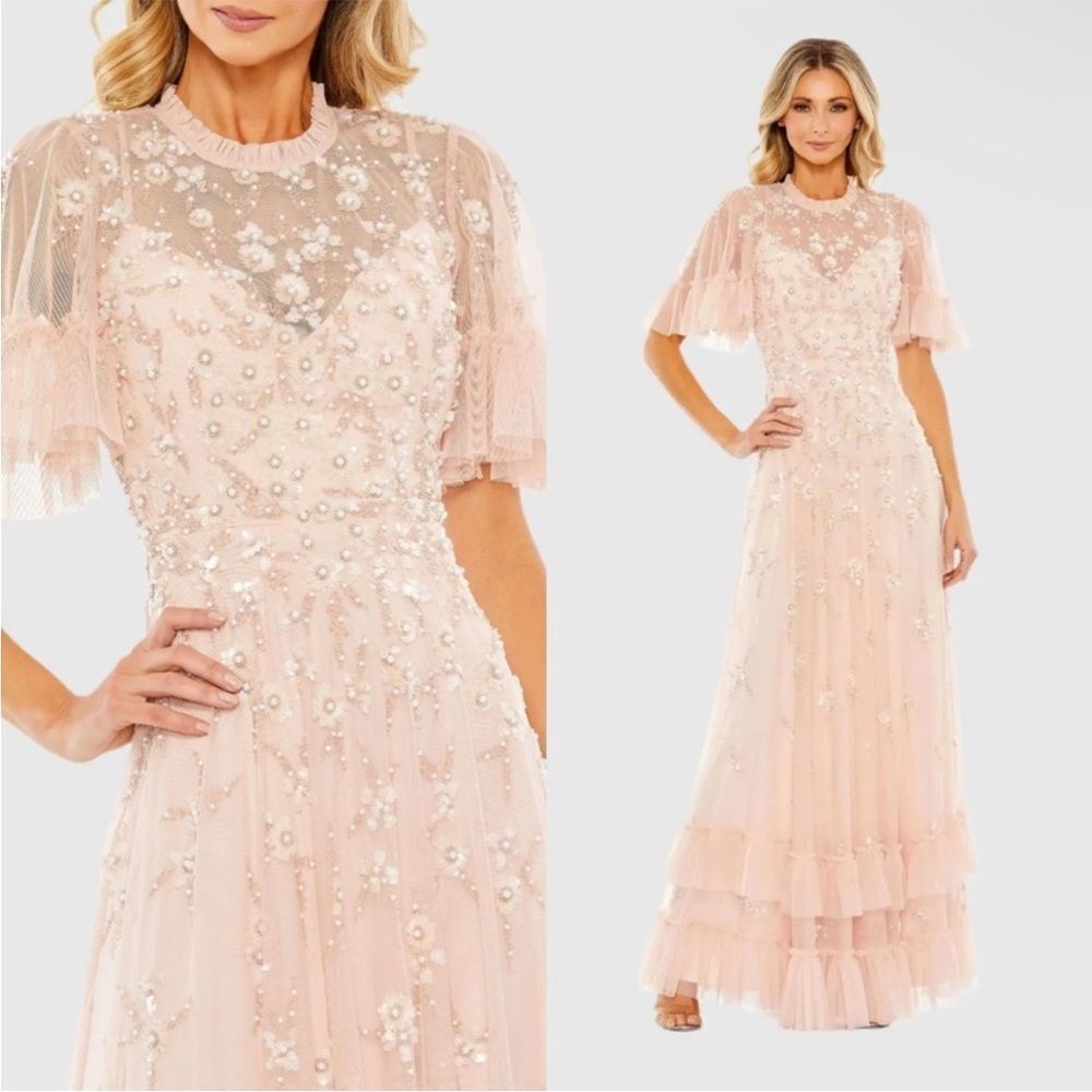 MAC DUGGAL Blush Ruffled Floral Embellished Flutter Sleeve A-Line Gown size 20
